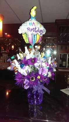 Birthday liquor bouquet/purple Liquor Baskets, 21st Birthday Bouquet, Booze Bouquet, Wine Bouquet, Alcohol Bouquet, Cool Birthday Gifts, Birthday Baskets, Alcohol Gift Baskets, Liquor Bouquet