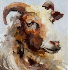 an oil painting of a sheep's head with brown and white fur on it