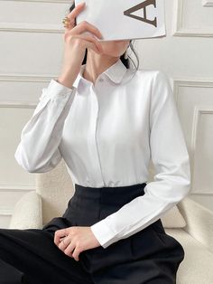 Women'S Shirt Solid Color Long Sleeved Business Interview Commuting Casual Relaxed Feeling Simple Elegant Spring Summer Autumn Shirt,Long Sleeve Tops White Casual  Long Sleeve Fabric Colorblock,Plain Shirt Non-Stretch  Women Clothing, size features are:Bust: ,Length: ,Sleeve Length: Solid Collared Tops For Office, Formal Long Sleeve Office Lady Shirt, Formal Long Sleeve Shirt, Plain Long Sleeve Office Shirt, Long Sleeve Plain Office Shirt, Plain Long Sleeve Office Blouse, Long Sleeve Office Lady Shirt, Fitted Long Sleeve Office Shirt, Office Lady Long Sleeve Shirt