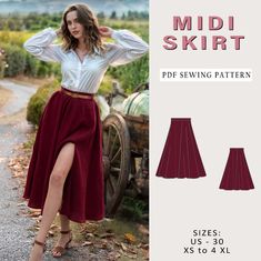 the midi skirt sewing pattern is available in sizes xs - 3xl and has a high slit