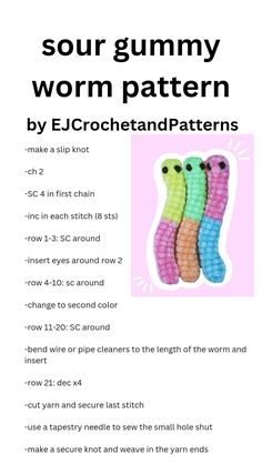 free crochet pattern sour gummy worms cute easy project by EJ Crochet and Patterns Sour Gummy Worms, Easy Crochet Animals, Gummy Worms, Crochet Animals Free Patterns, Beginner Crochet Projects, Crochet Stitches For Beginners