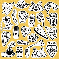 a bunch of stickers that are on top of a yellow background with words and symbols