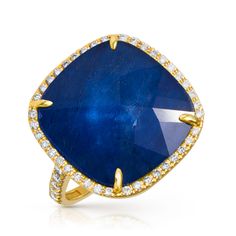 14KT Yellow Gold Diamond Blue Sapphire Triplet Cushion Cut Cocktail Ri – Anne Sisteron Fine Ring, Sapphire Stone, Faceted Gemstones, Necklace Sizes, White Topaz, 14kt Gold, Cocktail Ring, Cushion Cut, Blue Stone