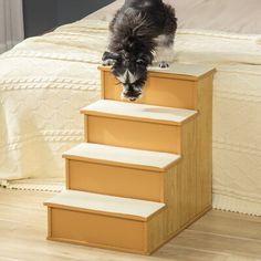 a dog is climbing up some stairs to get into the bed and play with it