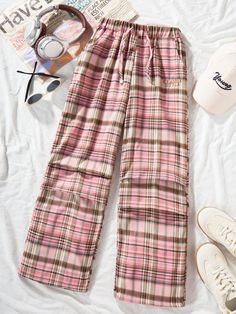 Multicolor Casual Collar  Poliéster A cuadros Paracaídas Embellished No-Elástico Pink Pj Pants, Wide Leg Casual Pants, Grey Colour Suit, Fleece Tights, Dropped Shoulder Sweatshirt, Casual Wide Leg Pants, Fleece Sweatpants, Comfy Pants, Clothing Inspiration