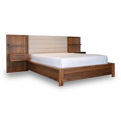 a bed with a wooden headboard and night stand on top of it, against a white background