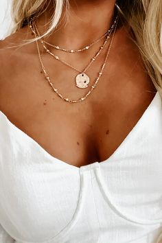 You Can Wear This Gold Layered Necklace With Any Outfit! $33, FAST AND FREE US SHIPPING! Layered Necklaces Boho, Layered Necklace Gold, College Jewelry, 3 Layer Necklace, Gold Layered Necklace, Casual Necklaces, Stacked Necklaces, Trendy Sunglasses, Comfy Chic