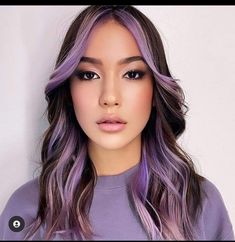 Lilac Balayage On Dark Hair, 2 Purple Streaks In Hair, Brown Hair With Lilac Peekaboo, Low Maintenance Purple Hair, Vibrant Money Piece Hair, Light Purple Money Piece Hair, Purple Front Hair Streaks, Purple Hair With Money Piece, Lavender Money Piece Hair