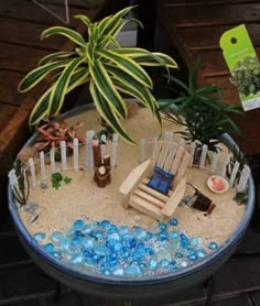 a miniature garden is set up in a glass bowl on a table with sand and water