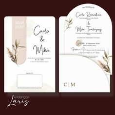 an elegant wedding card with flowers and leaves on the front, back and inside side