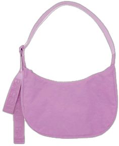 A pinkish purple crescent shaped nylon handbag with an adjustable strap. Pink Everyday Baguette Satchel Bag, Trendy Pink Hobo Bag With Detachable Strap, Chic Pink Baguette Bag With Adjustable Strap, Pink Single Shoulder Strap Bag For Daily Use, Pink Shoulder Bag With Single Strap, Everyday Pink Baguette Bag With Large Capacity, Everyday Large Capacity Pink Baguette Bag, Trendy Pink Shoulder Bag With Single Strap, Trendy Pink Shoulder Bag With Adjustable Strap