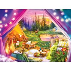 a painting of a camper's tent with animals and food on the bed