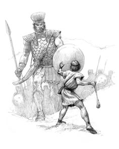 Bible Art Tattoos, David And Goliath Illustration, David And Goliath Drawing, David Vs Goliath Tattoo, David And Goliath Art, Biblical Art Drawings, David And Goliath Tattoo, Goliath Tattoo, Biblical Drawings