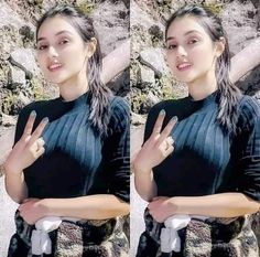 two pictures of a woman with long hair and wearing black clothing, making the peace sign