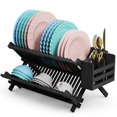 a rack with plates and utensils in it that is stacked on top of each other