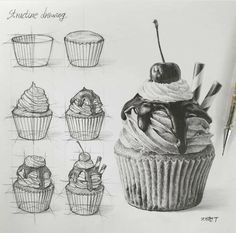 a pencil drawing of cupcakes with different toppings