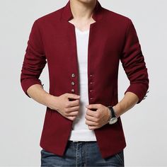 Clothing Length: ShortClosure Type: Single BreastedCollar: Mandarin CollarMaterial: Cotton, PolyesterLining Material: PolyesterThickness: StandardSleeve Style: RegularStyle: CasualType: Slim Red Long Sleeve Blazer With Buttons, Red Semi-formal Blazer With Buttons, Red Semi-formal Tops For Spring, Red Semi-formal Outerwear, Red Cotton Blazer For Winter, Red Fitted Blazer With Stand Collar, Red Semi-formal Long Sleeve Outerwear, Fitted Cotton Blazer With Stand Collar, Red Long Sleeve Semi-formal Outerwear