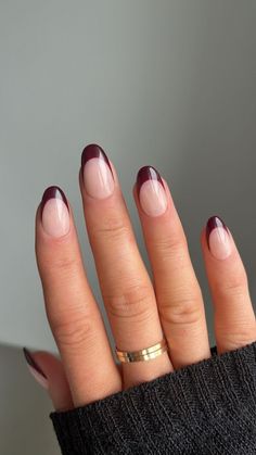 cute, trendy, simple, fall, back to school nails !! Oxblood French Tip Nails, Elegant Dip Nail Designs, Fall Nail French Tips, Nail Inspo September, Nude And Burgundy Nails, French Manicure Colored Tips, Bridal Gel Nails, Coloured French Nails Tips, Short Squoval Nails Design