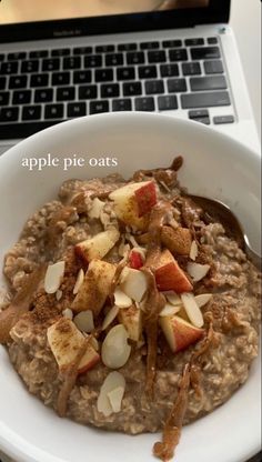 oatmeal with apples and cinnamon in front of a laptop