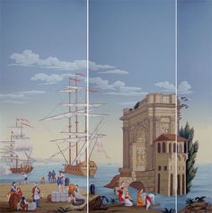 two paintings of people and boats in the water