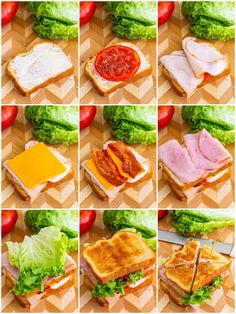 several pictures of sandwiches with meat, cheese and tomatoes