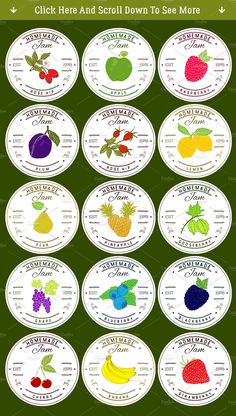 a bunch of fruits and vegetables with labels on them