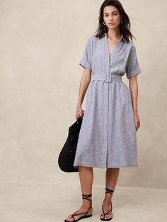 Linen-Blend Midi Shirtdress | Banana Republic Factory Casual Linen Midi Dress For Work, Summer Split Neck Dresses For Workwear, Casual Linen Dresses For Workwear, Classic Spring Shirt Dress With Relaxed Fit, Linen Shirt Dress With Button Closure For Work, Classic Relaxed Fit Shirt Dress For Spring, Spring Shift Shirt Dress For Work, Relaxed Fit Shirt Dress For Work, Casual Linen Belted Shirt Dress