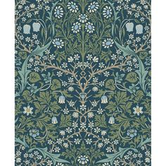 a blue and green wallpaper with floral designs