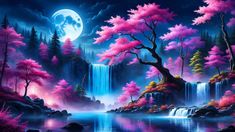 a painting of a waterfall with pink trees in the foreground and a full moon in the background