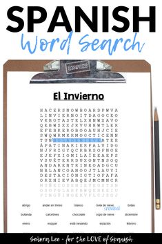 a clipboard with spanish word search on it and the words in spanish above it