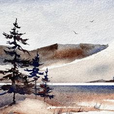 watercolor painting of trees and mountains in the distance with birds flying over snow covered ground