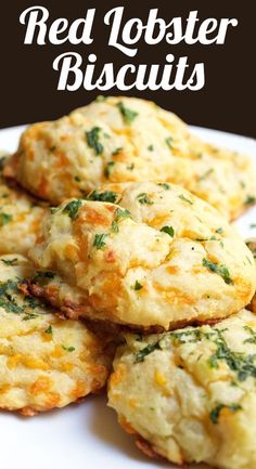 red lobster biscuits on a white plate with text overlay that says red lobster biscuits