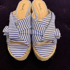 Funky And Fun Never Worn Qupid Size 7 Platform Espadrilles. Cute Too. Blue And White Fabric With Bow. White Platform Espadrilles Casual Style, Casual White Platform Espadrilles, Casual White Wedge Heel Espadrilles, Casual Blue Sandals With Woven Sole, Striped Open Toe Casual Sandals, Casual Espadrilles With Woven Sole For Day Out, Casual Striped Sandals For Beach, Casual Striped Open Toe Sandals, Blue Fabric Sandals With Round Toe