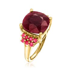 Ross-Simons - 7.10 ct. t. w. Ruby Ring in 18kt Gold Over Sterling. Size 6. Enrich your wardrobe with this fiery red statement ring. A 6.50 carat square cushion-cut ruby is centered between clusters of .60 ct. t. w. round rubies for a rich, monochromatic splash. Set in polished 18kt yellow gold over sterling silver. 1/2" wide. Ruby ring. Ruby birthstones are the perfect gift for July birthdays. Formal Cushion Cut Ruby Ring, Cushion Cut Ruby Ring For Formal Occasions, Red Cushion Cut Rings For Formal Occasions, Elegant Cushion Cut Ruby Ring In Yellow Gold, Formal Red Cushion Cut Rings, Formal Red Cushion Cut Ruby Ring, Luxury Red Cushion Cut Ruby Ring, Luxury Round Cabochon Ruby Ring, Luxury Gold Ruby Ring With Multi-stone