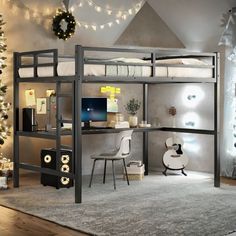 a loft bed with desk underneath it and christmas lights on the wall behind it in a bedroom