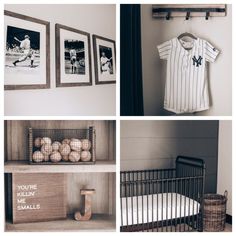 three pictures of baseball memorabilia and baby clothes hanging on the wall next to a crib