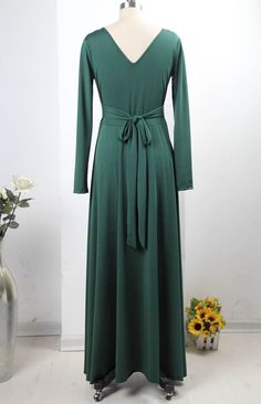 Sexy Long Sleeves V Back Backless Ankle Length Dress With Bow on Luulla Green Non-stretch Maxi Dress For Party, Flowy Solid Color Maxi Dress, Green Maxi Dress For Party, Green Maxi Dress Regular Fit, Non-stretch Green Maxi Dress, Green Chiffon Maxi Dress For Fall, Elegant Green Non-stretch Maxi Dress, Solid Color Stretch Maxi Dress For Evening, Green Stretch Maxi Dress For Fall