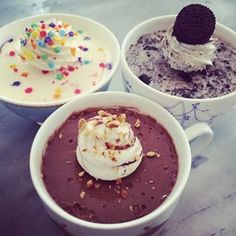 three bowls filled with different types of desserts