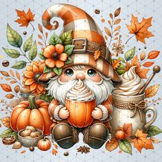 an image of a gnome with pumpkins and leaves