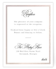 the wedding reception card is shown in black and white, with gold trimmings