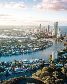 an aerial view of a city and the water