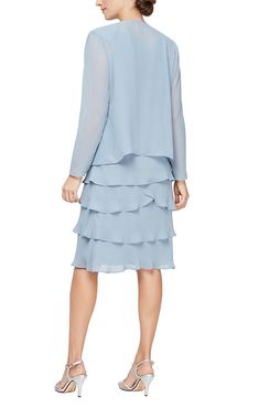 Chiffon Tiered Jacket Dress with Beaded Shoulder Detail – S.L. Fashions Cocktail Dresses With Jackets, Hot Club Dresses, Champagne Formal Dresses, Light Blue Prom Dress, Navy Blue Bridesmaid Dresses, Plus Size Summer Dresses, Chiffon Cocktail Dress, Maternity Dresses For Photoshoot, Plus Size Cocktail Dresses