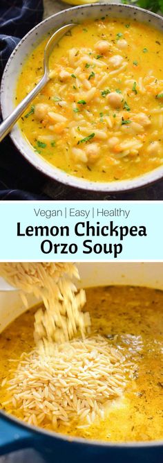 a bowl of lemon chickpea orzo soup