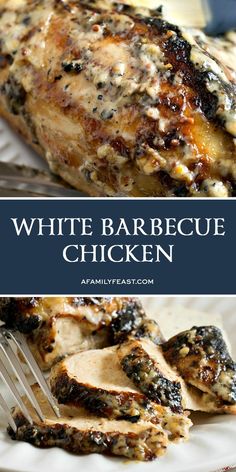 grilled chicken with white barbecue sauce on top and in the background text overlay