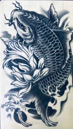 a black and white drawing of a koi fish