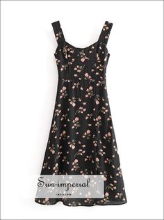 Vintage Black Floral Print side Split Dress Sleeveless Midi Dress Black Cotton Sleeveless Summer Dress, Black Cotton Midi Dress With Floral Print, Black Knee-length Sundress For Summer, Casual Sleeveless Plaid Midi Dress, Casual Plaid Sleeveless Midi Dress, Black Floral Print Sundress Sleeveless, Black Floral Print Sleeveless Sundress, Black Floral Print Cotton Sundress, Black Cotton Sundress With Floral Print