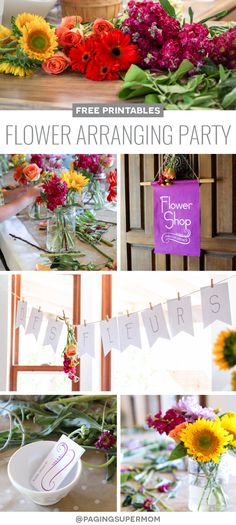 flowers arranged in vases and banners for a flower arranging party