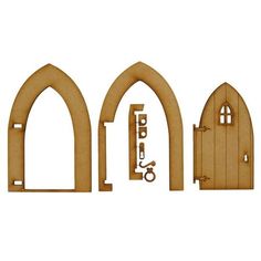 three wooden doors and an open door are shown