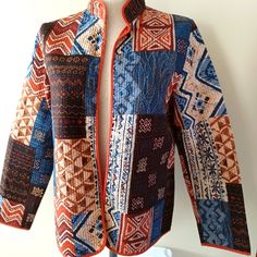 Item: Patchwork Quilted Open Front Stunning Jacket Blazer. Condition: New With Out Tag Size: Small Brand: Alfred Dunner Color: Beautiful And Rich Browns And Blues. Content: 100% Cotton Features: Grannycore Patchwork Geometric, Lightweight, Beautiful Colors. This Is A Stunning Jacket Blazer. Was Never Used. Measurements Laying Flat: Length: 24 Inches Pit To Pit: 19 Inches Winter Multicolor Patchwork Blazer, Blue Long Sleeve Blazer With Patchwork, Blue Long Sleeve Patchwork Blazer, Multicolor Cotton Outerwear For Work, Fall Blue Blazer With Patchwork, Fall Blue Patchwork Blazer, Fall Patchwork Blue Blazer, Blue Patchwork Blazer For Fall, Alfred Dunner