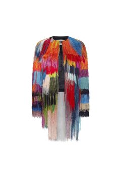 'FRINGE WITH BENEFITS' COLLARLESS JACKET Multicolor Fringe Winter Outerwear, Chic Party Outerwear With Tassels, Multicolor Spring Outerwear With Tassels, Spring Multicolor Outerwear With Tassels, Multicolor Long Sleeve Outerwear With Tassels, Multicolor Outerwear For Fall Party, Fall Party Outerwear With Tassels, Winter Party Outerwear With Tassels, Designer Spring Party Outerwear